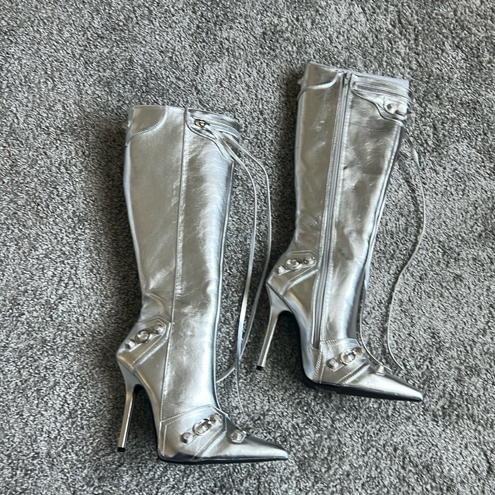 Silver knee high boots